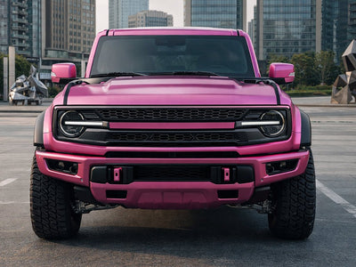Ford Bronco wrapped in Hexis Satin HX30000 Super Chrome Pink restyling film HX30SCH10S