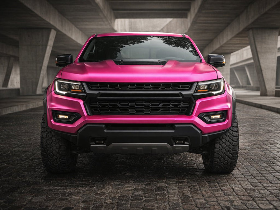Chevrolet Colorado wrapped in Hexis Satin HX30000 Super Chrome Pink automotive vinyl film HX30SCH10S