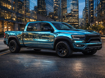 DIY Ram 1500 TRX wrapped in Gloss HX30000 Super Chrome Light Blue restyling film HX30SCH11B