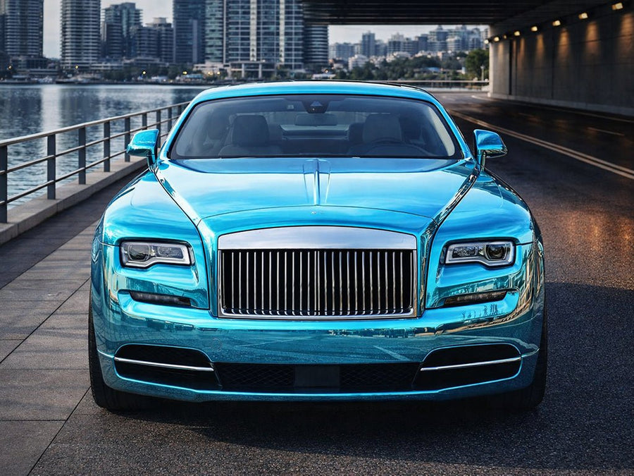 Rolls-Royce Wraith wrapped in Gloss HX30000 Super Chrome Light Blue vinyl wrap HX30SCH11B