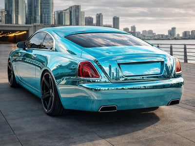 Rolls-Royce Wraith wrapped in Gloss HX30000 Super Chrome Light Blue vinyl wrap HX30SCH11B detail