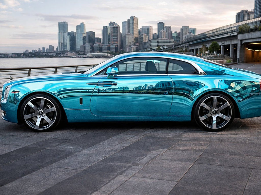 Rolls-Royce Wraith wrapped in Gloss HX30000 Super Chrome Light Blue restyling film HX30SCH11B