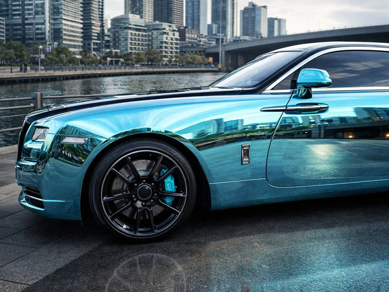 DIY Rolls-Royce Wraith wrapped in Gloss HX30000 Super Chrome Light Blue vinyl wrap HX30SCH11B
