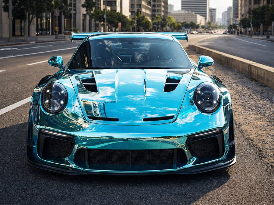 DIY Porsche 911 GT3 wrapped in Gloss HX30000 Super Chrome Light Blue car wrap film HX30SCH11B
