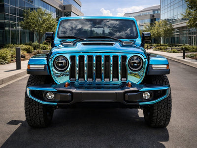 Jeep Wrangler wrapped in Gloss HX30000 Super Chrome Light Blue restyling film HX30SCH11B