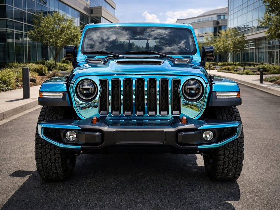 Jeep Wrangler wrapped in Gloss HX30000 Super Chrome Light Blue restyling film HX30SCH11B