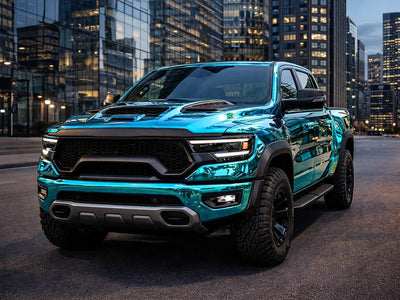 Ram 1500 TRX wrapped in Gloss HX30000 Super Chrome Light Blue car wrap film HX30SCH11B