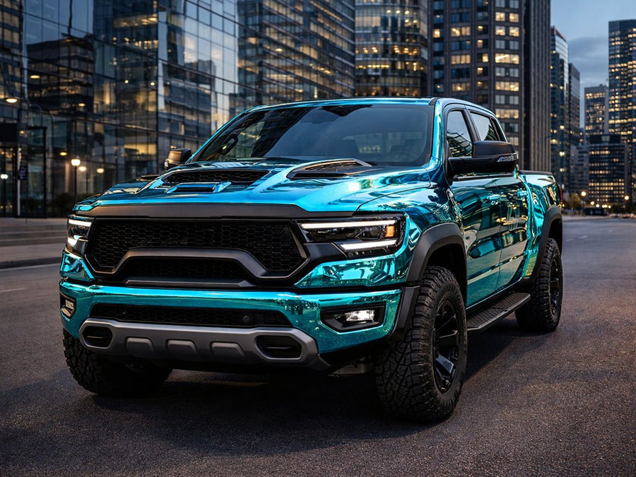 Ram 1500 TRX wrapped in Gloss HX30000 Super Chrome Light Blue car wrap film HX30SCH11B