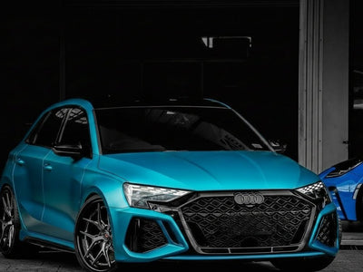 Audi RS3 wrapped in Satin HX30000 Super Chrome Light Blue restyling film HX30SCH11S