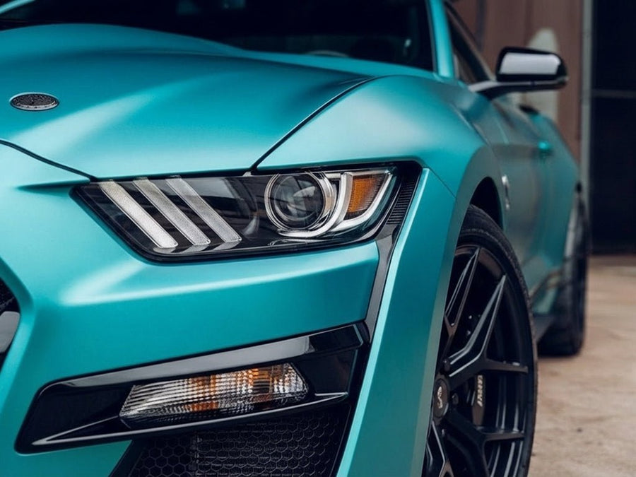 Ford Mustang wrapped in Satin HX30000 Super Chrome Light Blue car wrap film HX30SCH11S