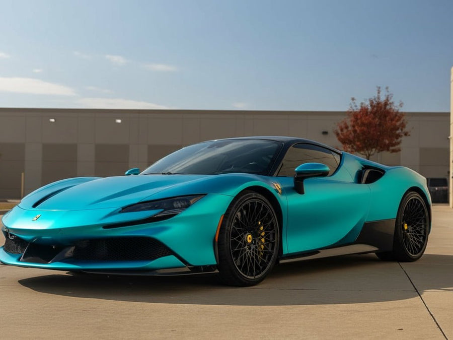 DIY Ferrari SF90 Stradale wrapped in Satin HX30000 Super Chrome Light Blue car wrap film HX30SCH11S