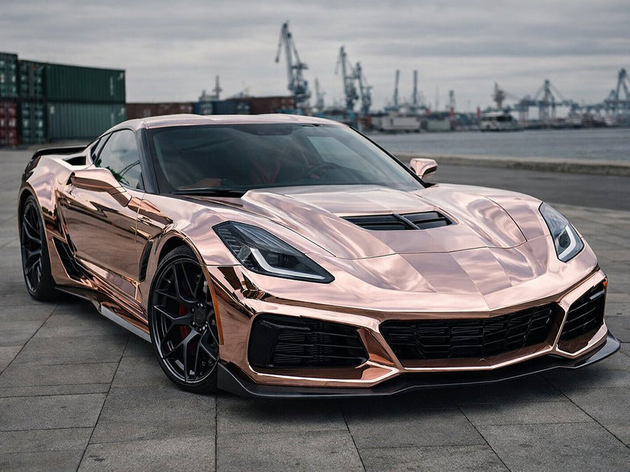 DIY Chevrolet Corvette wrapped in Gloss HX30000 Super Chrome Rose Gold restyling film HX30SCH12B