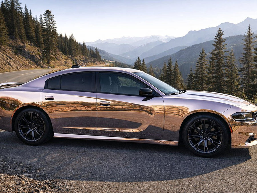 DIY Dodge Charger wrapped in Gloss HX30000 Super Chrome Rose Gold vinyl wrap HX30SCH12B