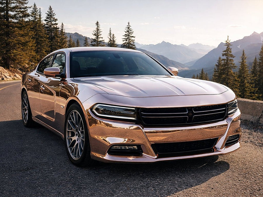 DIY Dodge Charger wrapped in Gloss HX30000 Super Chrome Rose Gold restyling film HX30SCH12B
