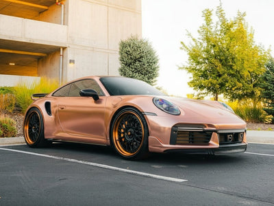 Porsche 911 Turbo S wrapped in Satin HX30000 Super Chrome Rose Gold automotive vinyl film HX30SCH12S detail