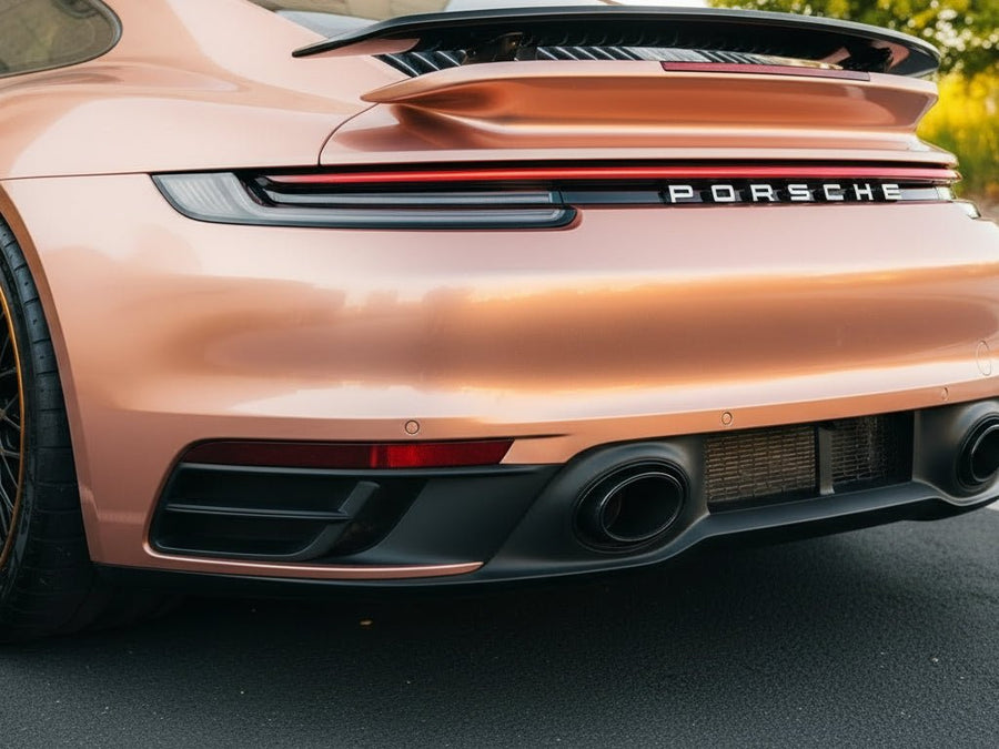 Porsche 911 wrapped in Hexis Satin HX30000 Super Chrome Rose Gold vinyl wrap HX30SCH12S