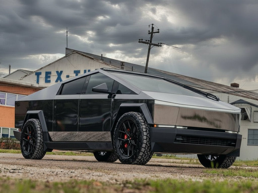 Tesla Cybertruck wrapped in Gloss HX30000 Super Chrome Ebony Black wrap film HX30SCH13B