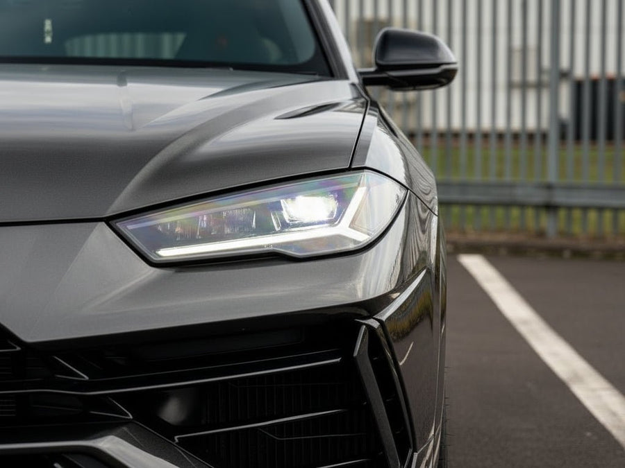 Lamborghini Urus wrapped in Gloss HX30000 Super Chrome Ebony Black wrap film HX30SCH13B detail