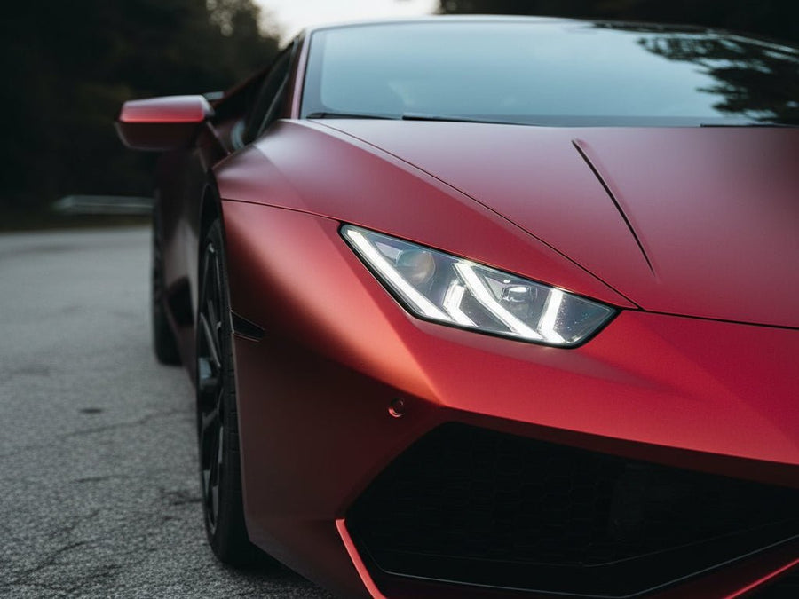 Lamborghini Huracán wrapped in Hexis Satin HX30000 Super Chrome Fever Red automotive vinyl film HX30SCH16S