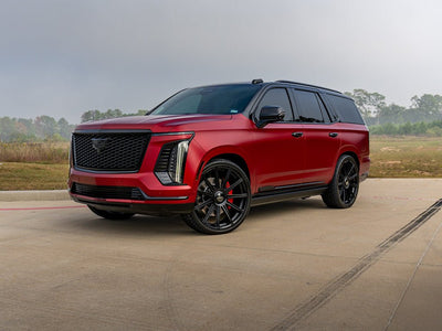 Cadillac Escalade wrapped in Hexis Satin HX30000 Super Chrome Fever Red automotive vinyl film HX30SCH16S