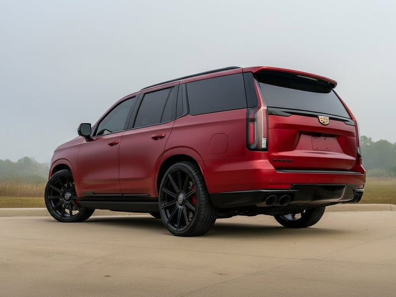 Cadillac Escalade wrapped in Hexis Satin HX30000 Super Chrome Fever Red restyling film HX30SCH16S