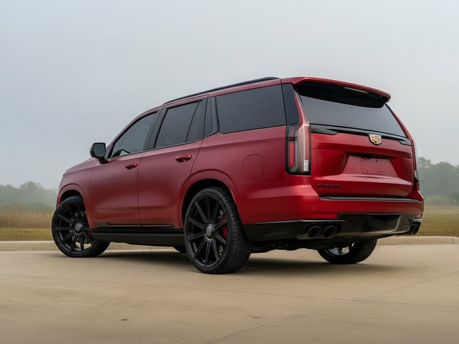 Cadillac Escalade wrapped in Hexis Satin HX30000 Super Chrome Fever Red restyling film HX30SCH16S
