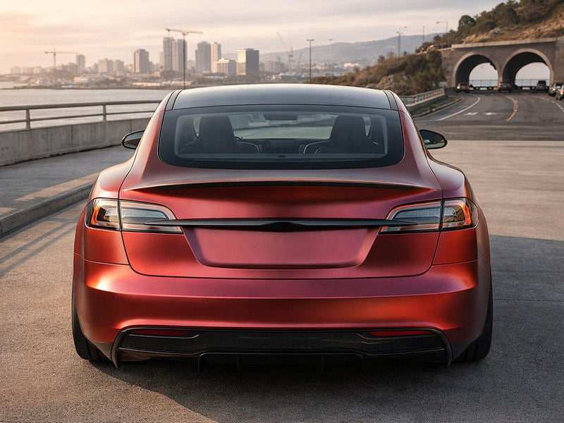 Tesla S wrapped in Hexis Satin HX30000 Super Chrome Fever Red car wrap film HX30SCH16S