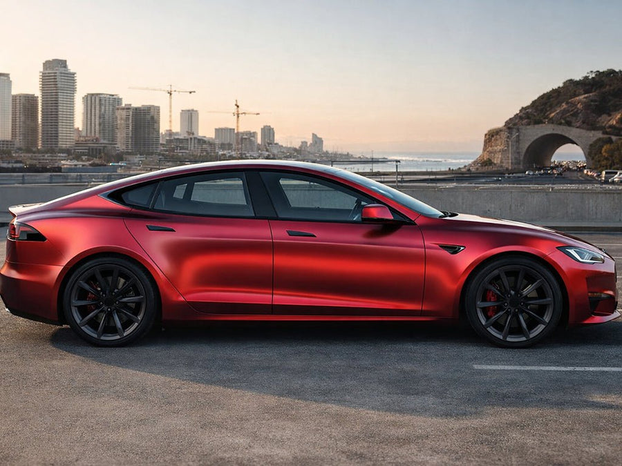 DIY Tesla S wrapped in Satin HX30000 Super Chrome Fever Red automotive vinyl film HX30SCH16S