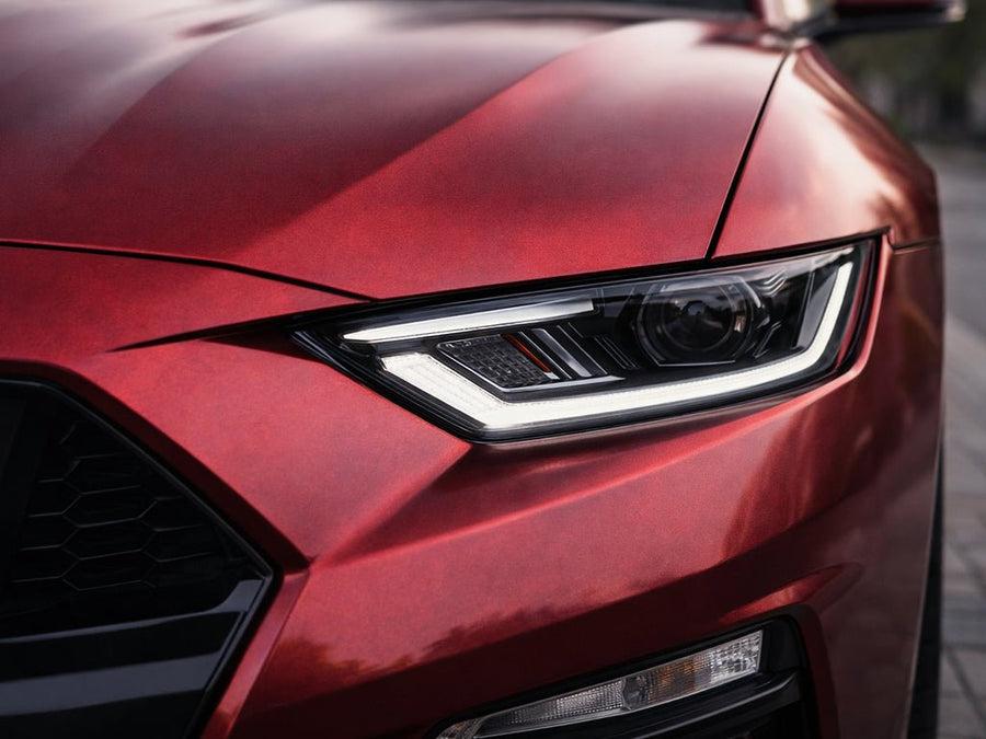Ford Mustang wrapped in Hexis Satin HX30000 Super Chrome Fever Red restyling film HX30SCH16S