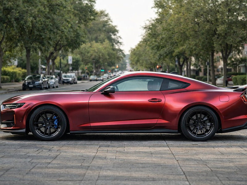Ford Mustang wrapped in Hexis Satin HX30000 Super Chrome Fever Red restyling film HX30SCH16S detail