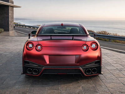 Nissan GT-R wrapped in Hexis Satin HX30000 Super Chrome Fever Red car wrap film