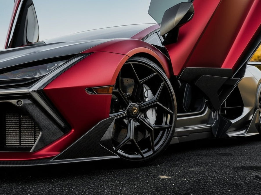 Lamborghini Aventador wrapped in Hexis Satin HX30000 Super Chrome Fever Red car wrap film HX30SCH16S