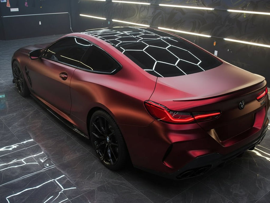 DIY BMW 8 Series wrapped in Satin HX30000 Super Chrome Fever Red car wrap film HX30SCH16S
