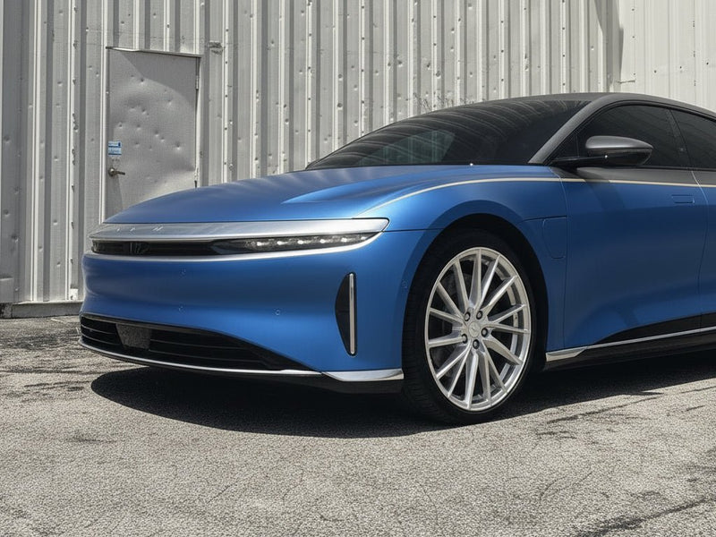 Lucid Air wrapped in Hexis Satin HX30000 Super Chrome Rigel Blue restyling film HX30SCH17S