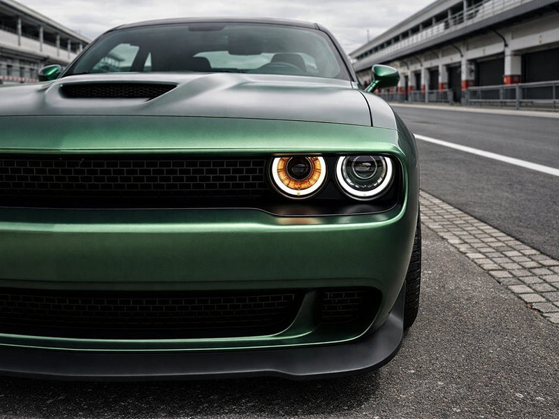 DIY Dodge Challenger wrapped in Satin HX30000 Super Chrome Canopy Green car wrap film HX30SCH18S