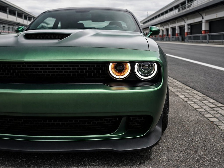 DIY Dodge Challenger wrapped in Satin HX30000 Super Chrome Canopy Green car wrap film HX30SCH18S