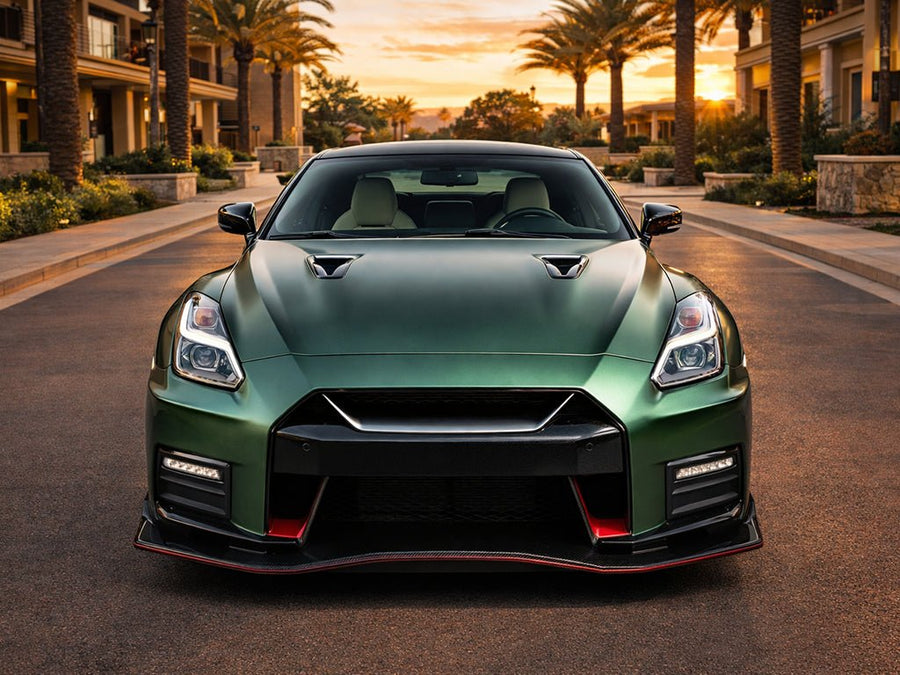 Nissan GT-R wrapped in Hexis Satin HX30000 Super Chrome Canopy Green car wrap film HX30SCH18S