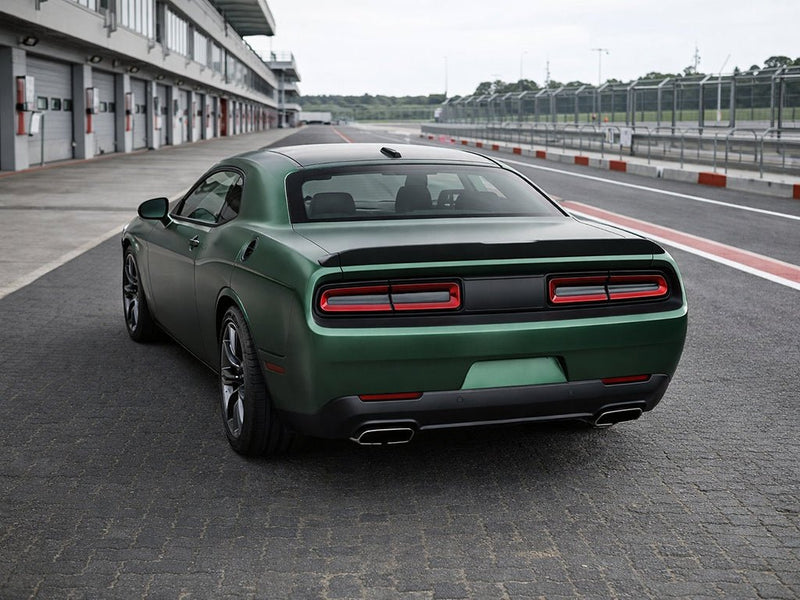 Dodge Challenger wrapped in Hexis Satin HX30000 Super Chrome Canopy Green restyling film HX30SCH18S