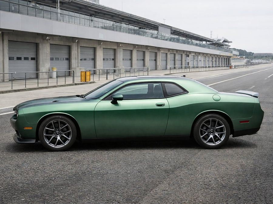 Dodge Challenger wrapped in Hexis Satin HX30000 Super Chrome Canopy Green car wrap film HX30SCH18S