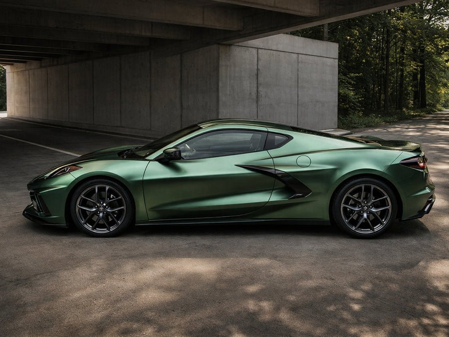 Chevrolet Corvette C8 wrapped in Satin HX30000 Super Chrome Canopy Green restyling film HX30SCH18S