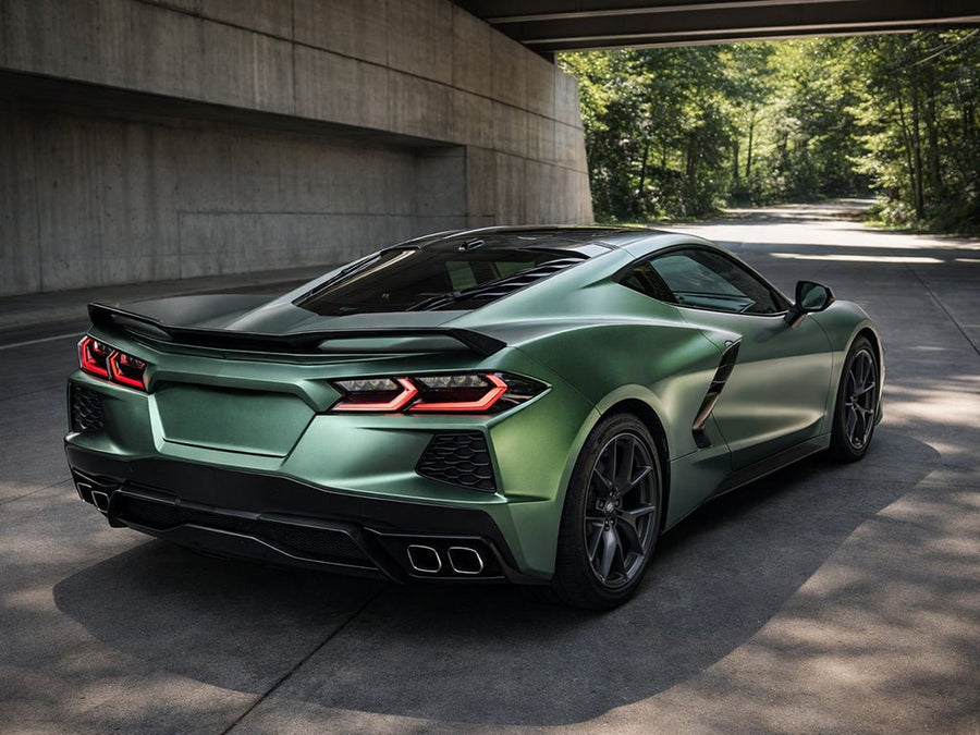 Chevrolet Corvette wrapped in Satin HX30000 Super Chrome Canopy Green automotive vinyl film HX30SCH18S