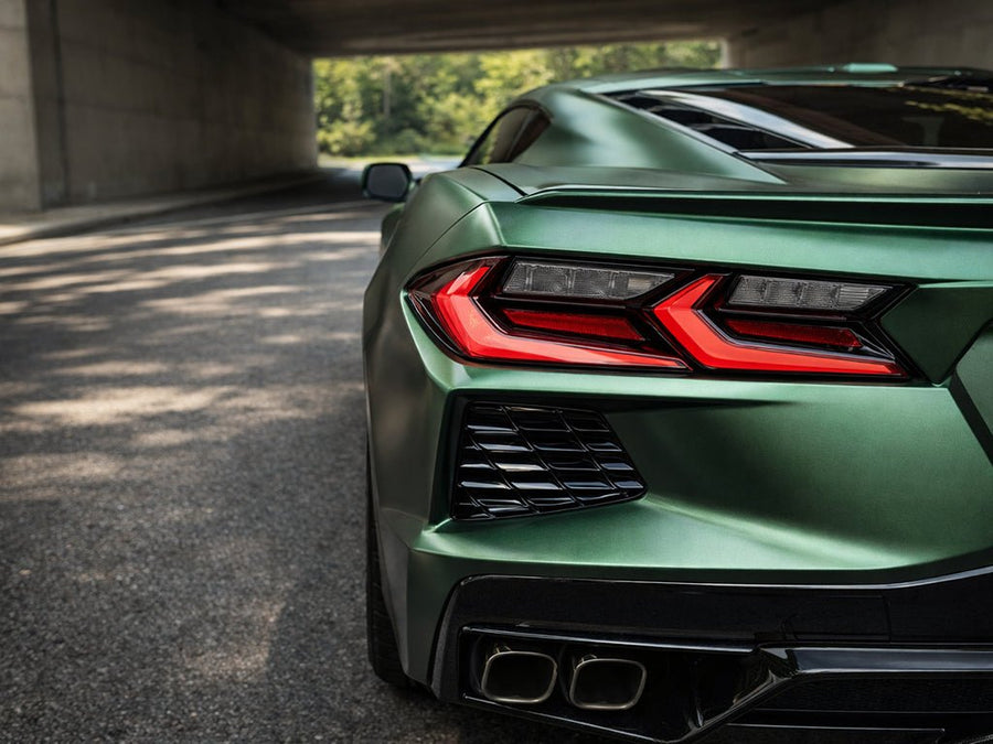 Chevrolet Corvette C8 wrapped in Hexis Satin HX30000 Super Chrome Canopy Green vinyl wrap HX30SCH18S