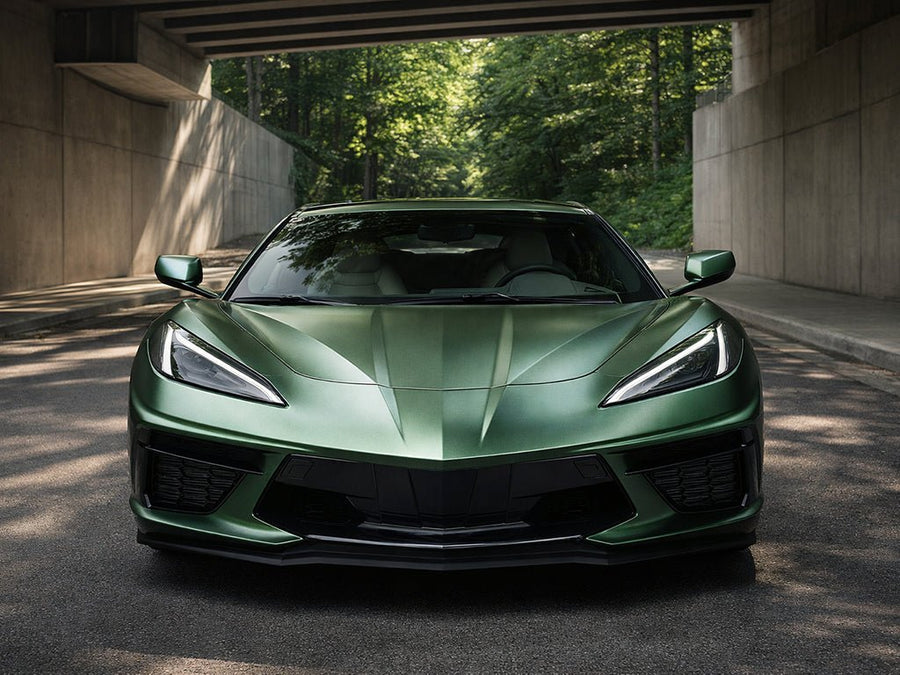 Chevrolet Corvette wrapped in Satin HX30000 Super Chrome Canopy Green restyling film HX30SCH18S