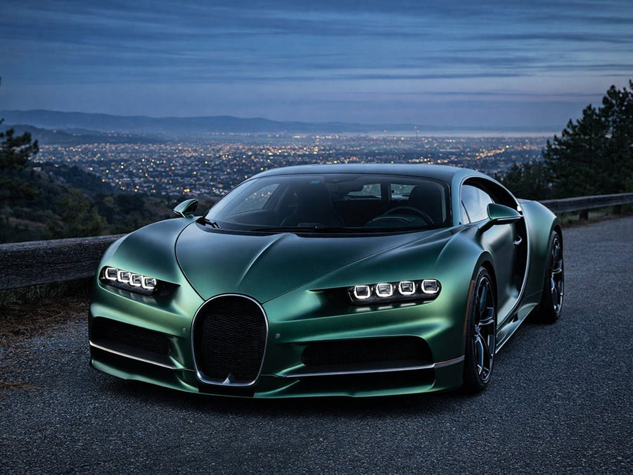 Bugatti Chiron wrapped in Hexis Satin HX30000 Super Chrome Canopy Green wrap film HX30SCH18S