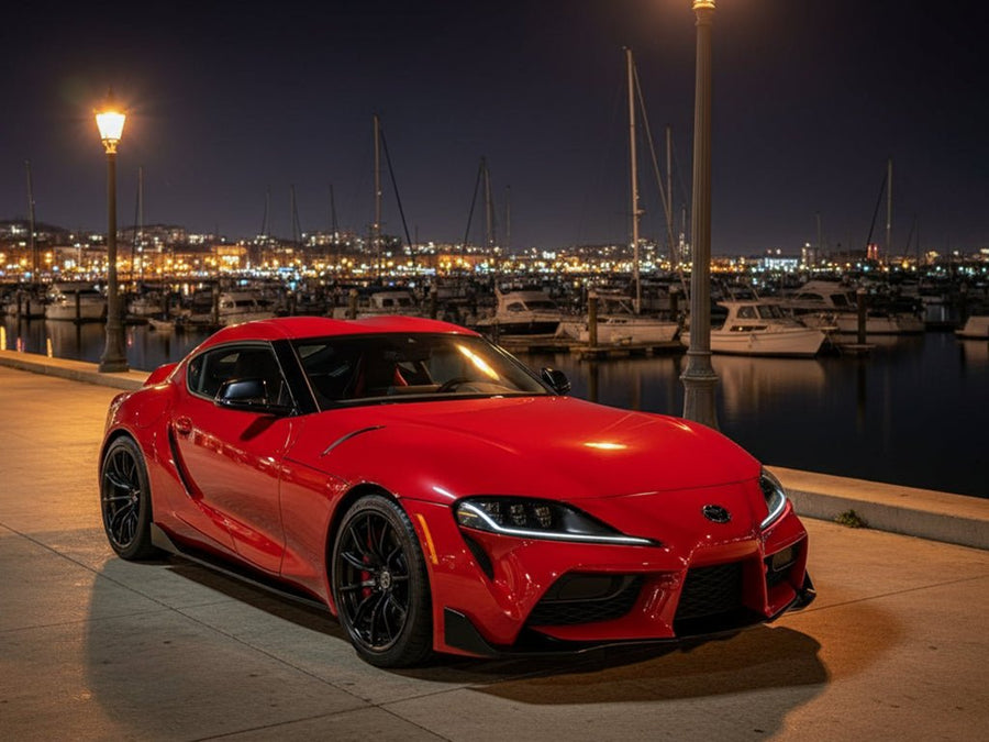 Toyota Supra wrapped in Hexis SuperGloss HXONE™ Lava Red car wrap film HXONE400