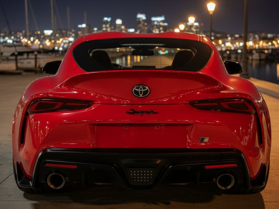 Toyota Supra wrapped in Hexis Super Gloss HXONE™ Lava Red restyling film HXONE400