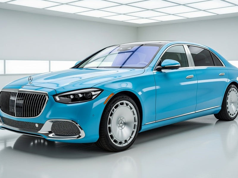 Mercedes-Maybach S-Class wrapped in Super Gloss HXONE™ Daytona Blue vinyl wrap HXONE600