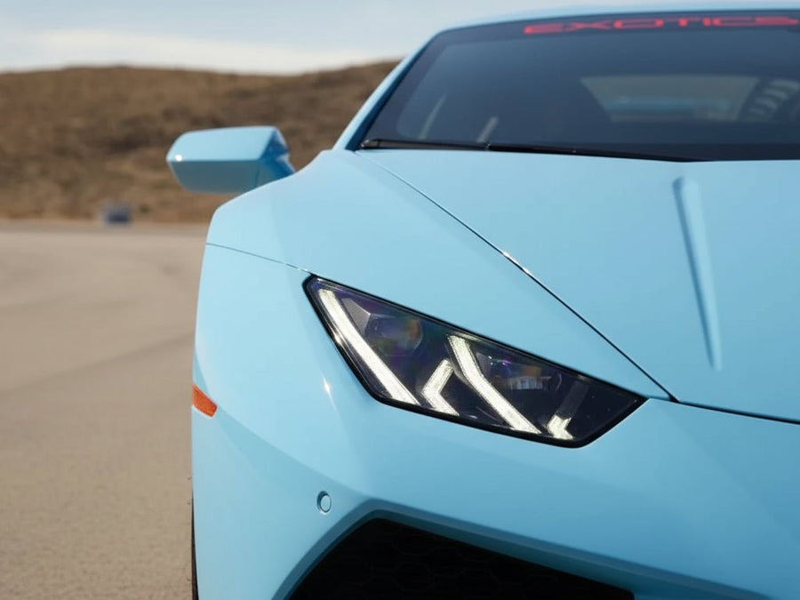 Lamborghini Huracán wrapped in Hexis SuperGloss HXONE™ Daytona Blue automotive vinyl film HXONE600
