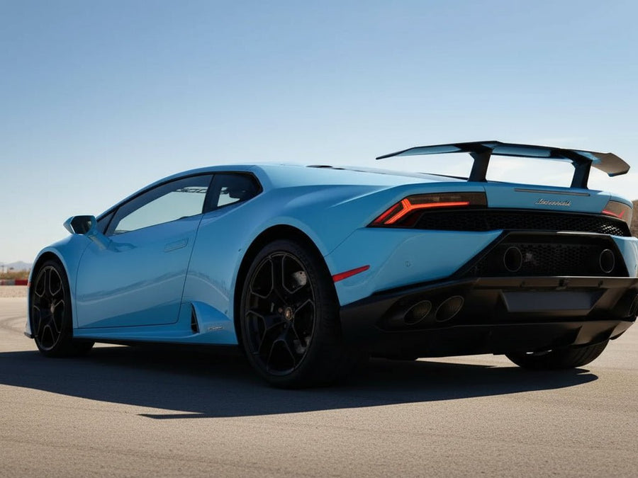 Lamborghini Huracán wrapped in Hexis Super Gloss HXONE™ Daytona Blue vinyl wrap HXONE600