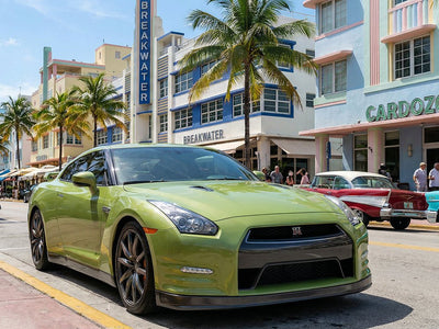 Nissan GT-R wrapped in SuperGloss HXONE™ Vintage Green car wrap film HXONE700